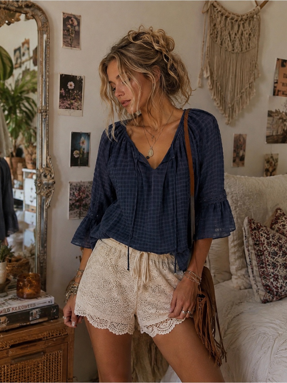BCX Women’s Blue Boho Blouse | Size L | Casual Summer Top